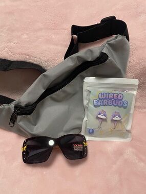 Kids Gray Fanny Pack with Purple Wired Earbuds and Sun Glassses bundle